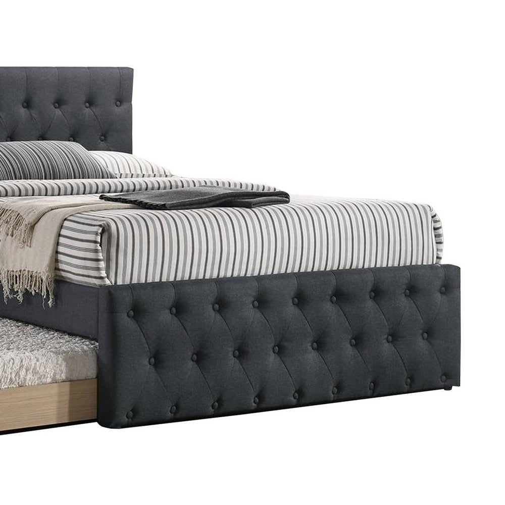 Nek Wood Twin Size Upholstered Bed with Trundle, Tufted Charcoal Burlap - BM300230