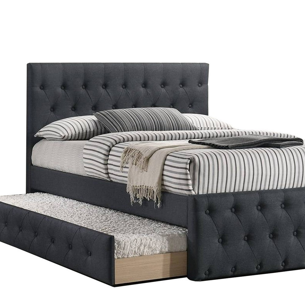 Nek Wood Twin Size Upholstered Bed with Trundle, Tufted Charcoal Burlap - BM300230