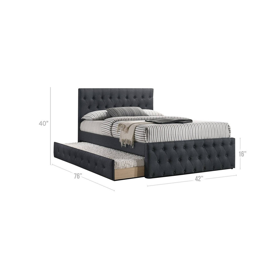 Nek Wood Twin Size Upholstered Bed with Trundle, Tufted Charcoal Burlap - BM300230