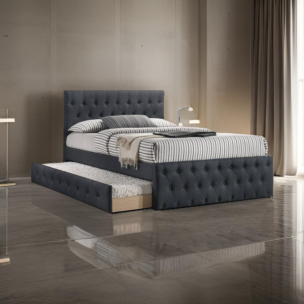 Nek Wood Twin Size Upholstered Bed with Trundle, Tufted Charcoal Burlap - BM300230