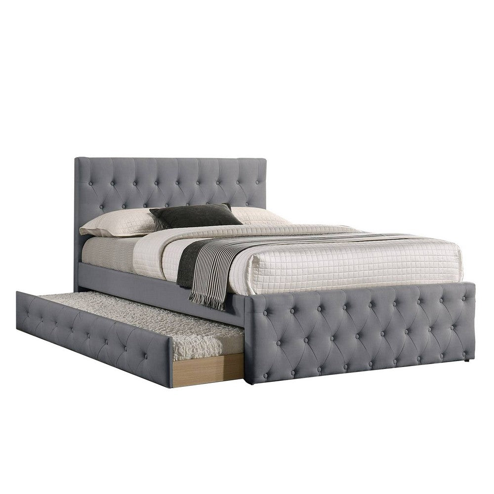 Nek Wood Twin Size Upholstered Bed with Trundle, Tufted Gray Burlap - BM300232