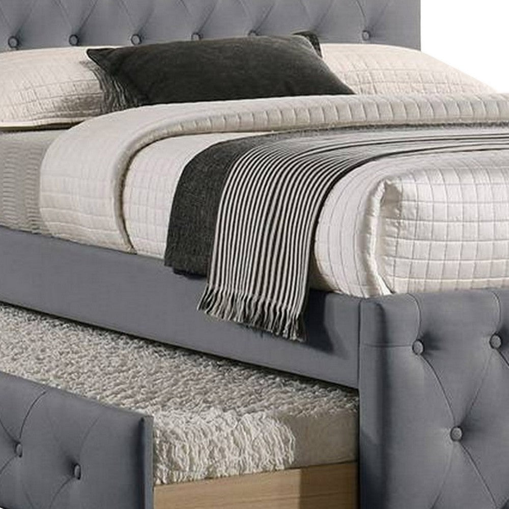 Nek Wood Twin Size Upholstered Bed with Trundle, Tufted Gray Burlap - BM300232