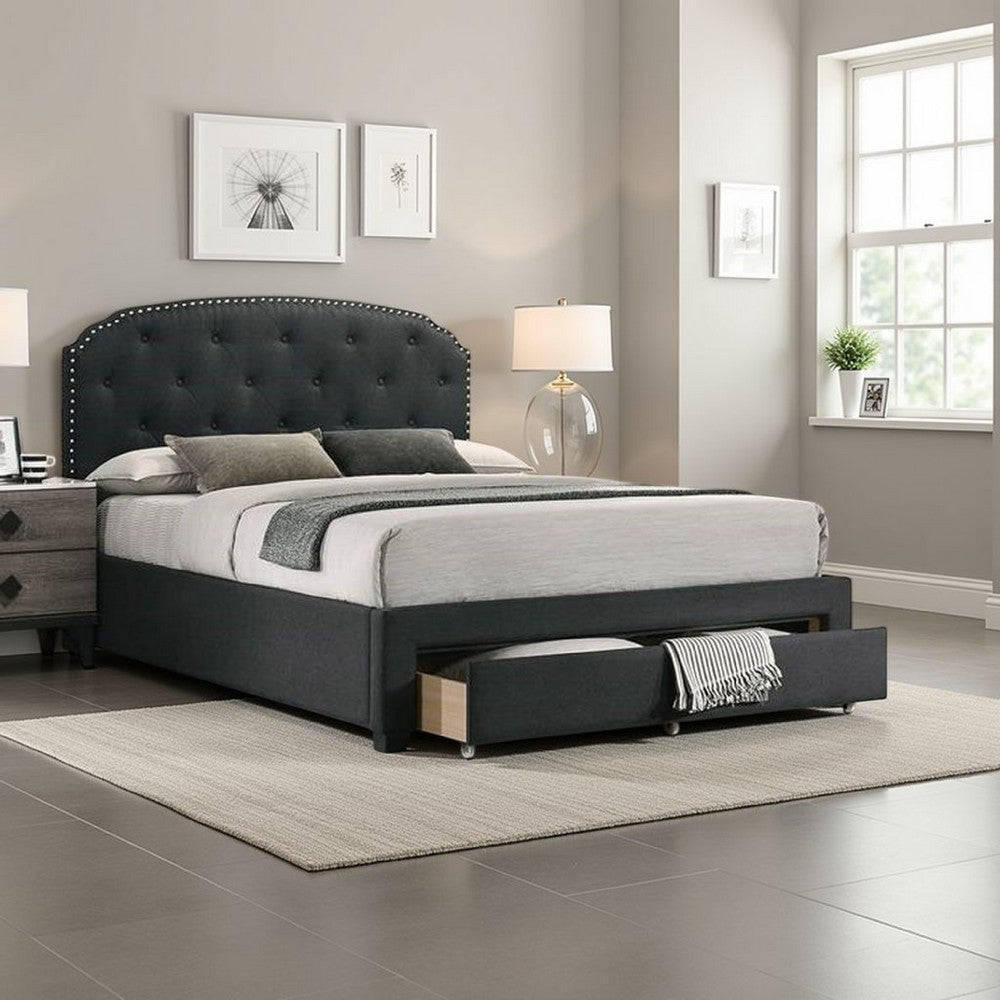 Nue Twin Upholstered Bed, Curved Tufted Headboard, Charcoal Gray Burlap - BM300237