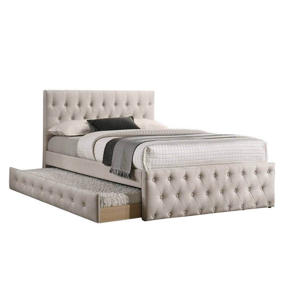 Nek Wood Full Size Upholstered Bed with Twin Trundle, Taupe Burlap Frame - BM300241