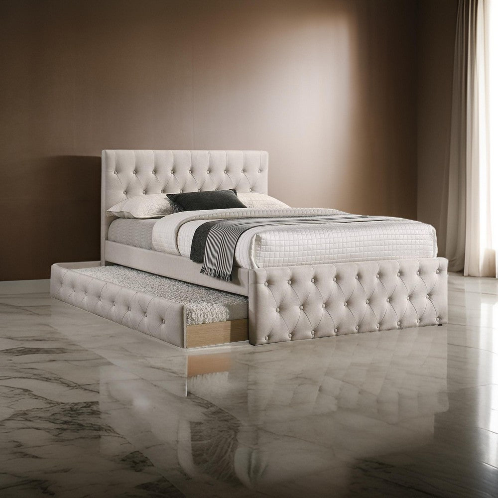 Nek Wood Full Size Upholstered Bed with Twin Trundle, Taupe Burlap Frame - BM300241