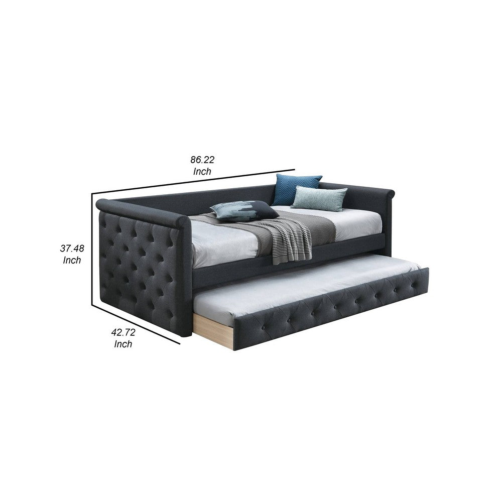 Edra Classic Upholstered Day Bed with Trundle, Tufted Charcoal Gray Burlap - BM300243