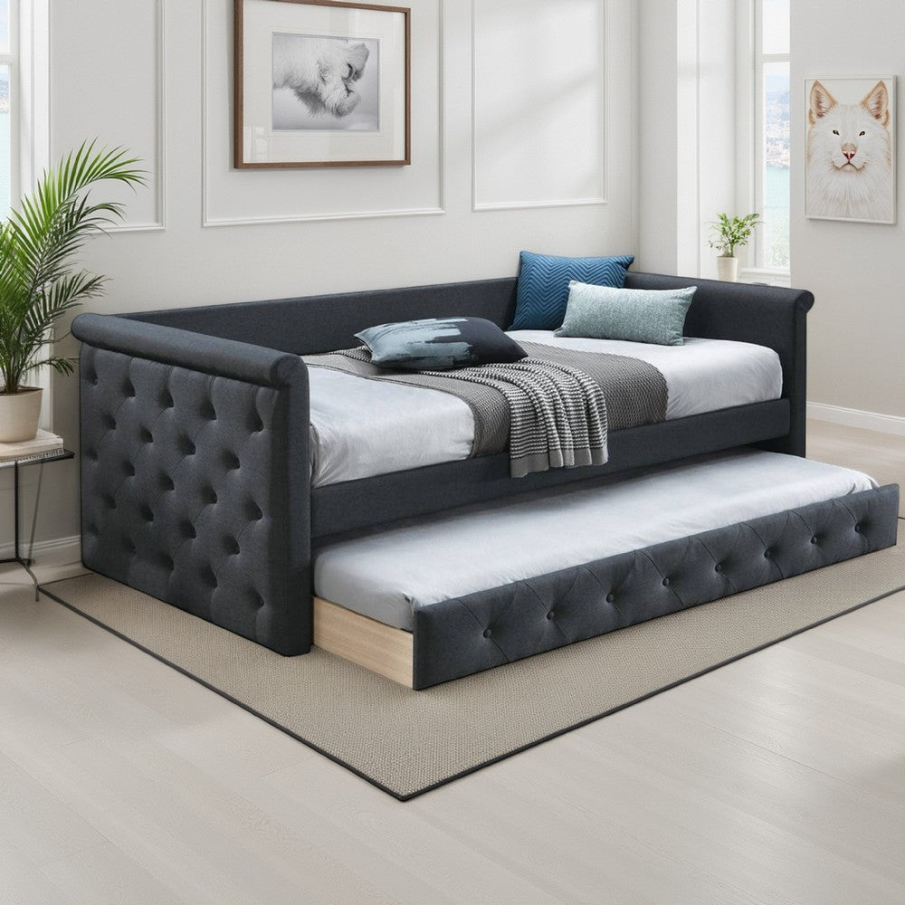 Edra Classic Upholstered Day Bed with Trundle, Tufted Charcoal Gray Burlap - BM300243