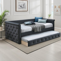 Edra Classic Upholstered Day Bed with Trundle, Tufted Charcoal Gray Burlap - BM300243