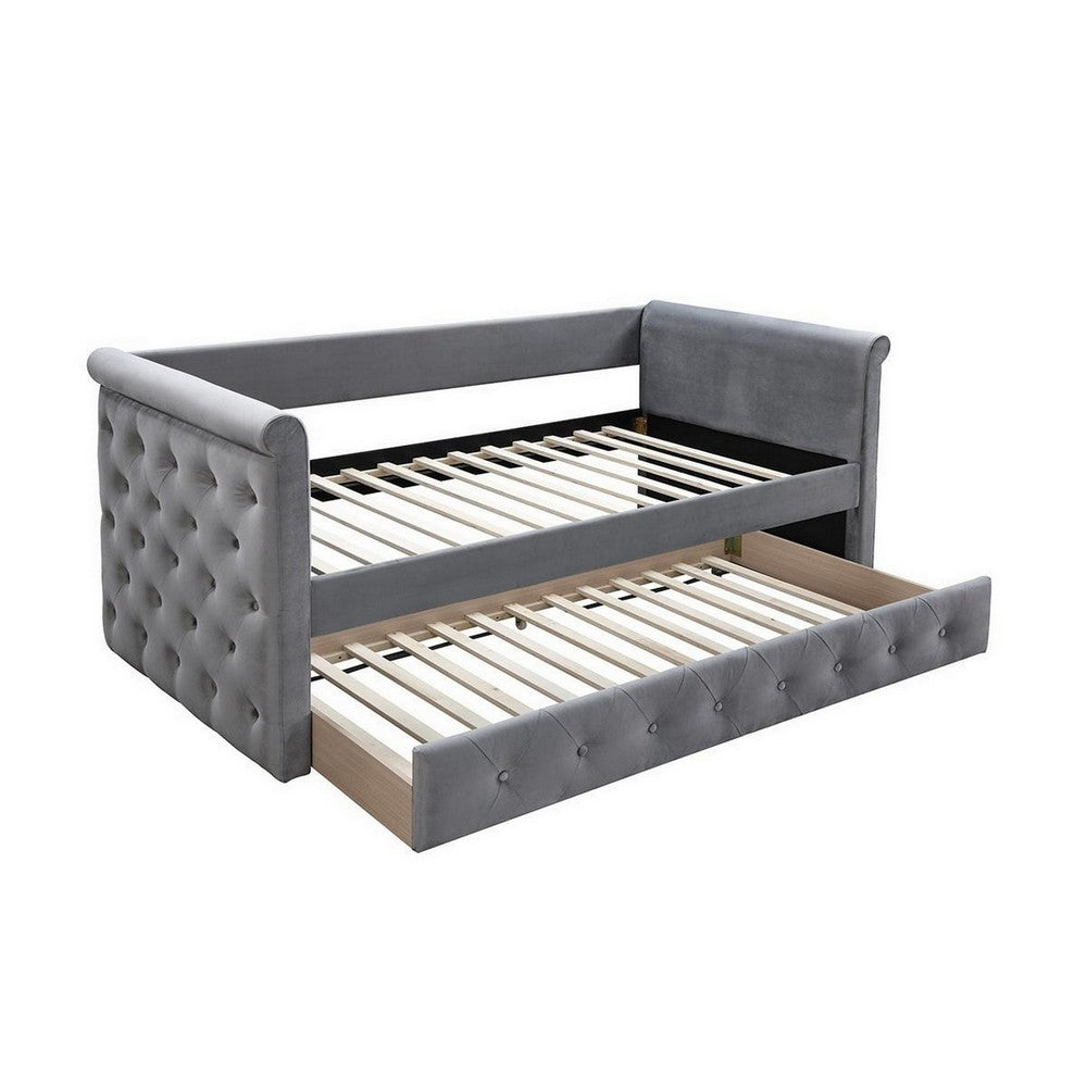 Edra Classic Wood Upholstered Day Bed with Trundle, Tufted Gray Burlap - BM300244