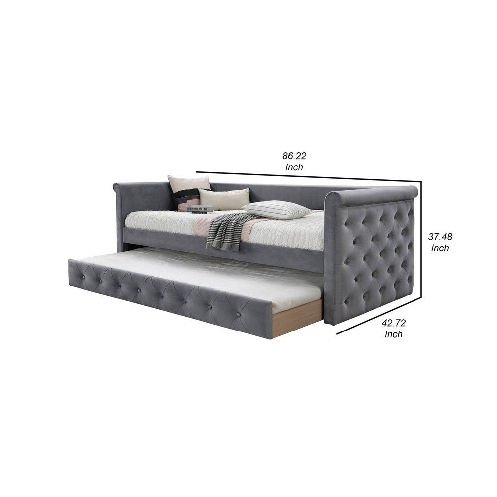 Edra Classic Wood Upholstered Day Bed with Trundle, Tufted Gray Burlap - BM300244
