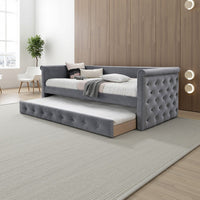 Edra Classic Wood Upholstered Day Bed with Trundle, Tufted Gray Burlap - BM300244