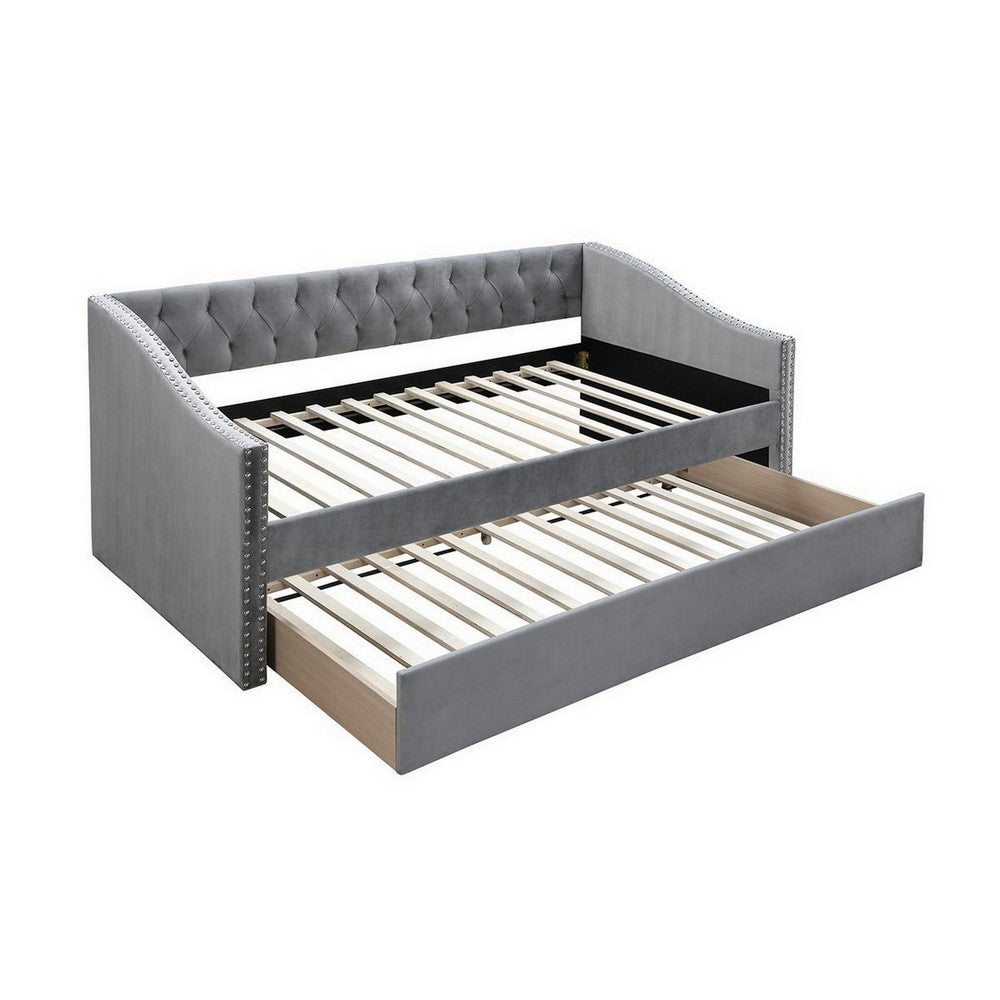 Ann Modern Wood Day Bed with Trundle, Straight Tufted Back, Gray Burlap - BM300254