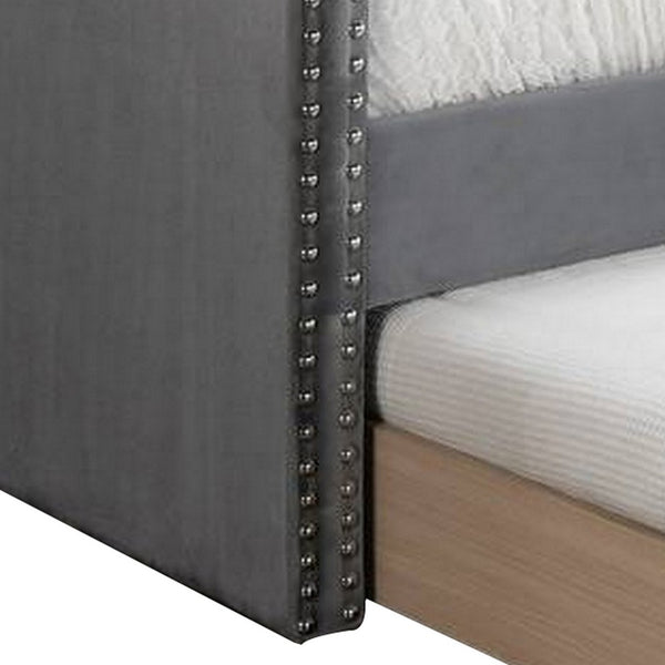 Ann Modern Wood Day Bed with Trundle, Straight Tufted Back, Gray Burlap - BM300254