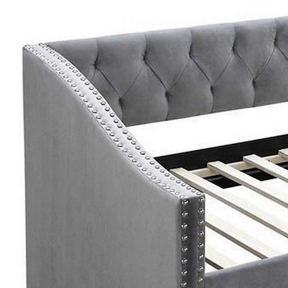 Ann Modern Wood Day Bed with Trundle, Straight Tufted Back, Gray Burlap - BM300254