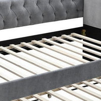 Ann Modern Wood Day Bed with Trundle, Straight Tufted Back, Gray Burlap - BM300254