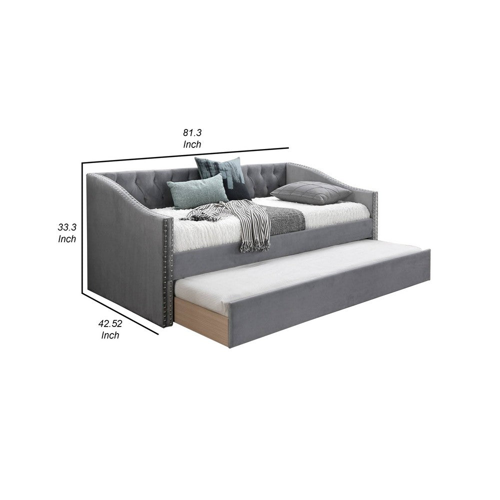 Ann Modern Wood Day Bed with Trundle, Straight Tufted Back, Gray Burlap - BM300254