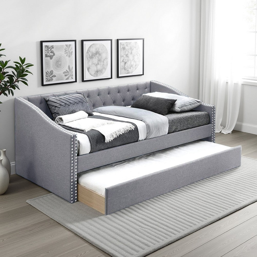 Ann Modern Wood Day Bed with Trundle, Straight Tufted Back, Gray Burlap - BM300254