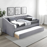 Ann Modern Wood Day Bed with Trundle, Straight Tufted Back, Gray Burlap - BM300254