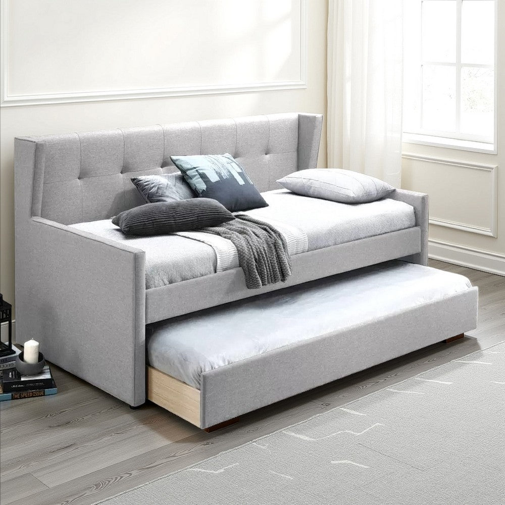 Diem Classic Wood Day Bed with Trundle, Button Tufted Back, Gray Burlap - BM300257