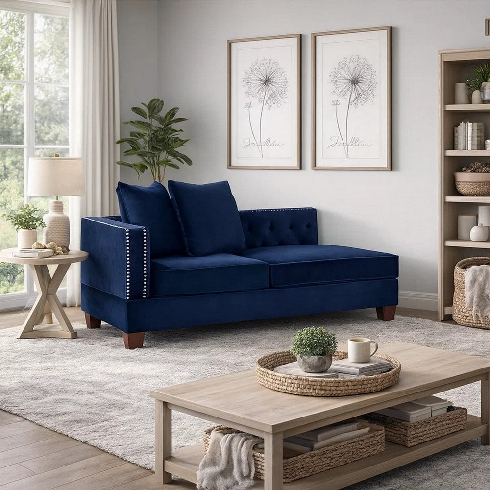 Mina 58 Inch One Arm Reversible Chaise, 2 Pillows, Nailhead Trim, Indigo - BM300274