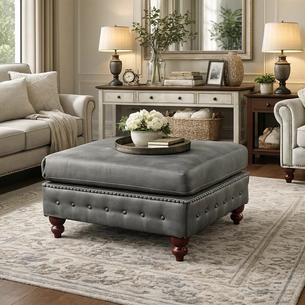 Simi 34 Inch Square Ottoman, Handcrafted Legs, Gray Vegan Faux Leather - BM300278