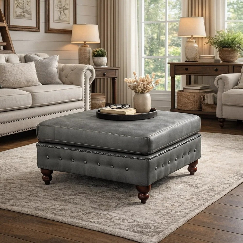 Simi 34 Inch Square Ottoman, Handcrafted Legs, Gray Vegan Faux Leather - BM300278