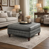 Simi 34 Inch Square Ottoman, Handcrafted Legs, Gray Vegan Faux Leather - BM300278