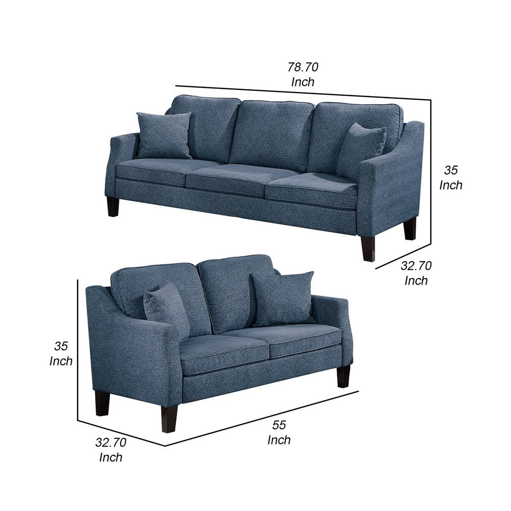Gaia 2 Piece Sofa and Loveseat Set, 4 Throw Pillows, Cushioned Navy Blue - BM300302