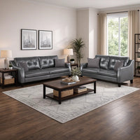 Hera 2 Piece Sofa and Loveseat Set, 4 Pillows, Classic Gray Faux Leather - BM300304