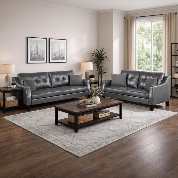 Hera 2 Piece Sofa and Loveseat Set, 4 Pillows, Classic Gray Faux Leather - BM300304