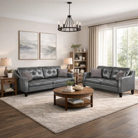 Hera 2 Piece Sofa and Loveseat Set, 4 Pillows, Classic Gray Faux Leather - BM300304