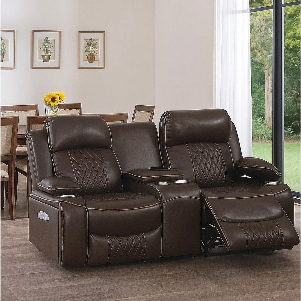 Seda 71 Inch Power Reclining Loveseat, Storage Console, Brown Faux Leather - BM300315