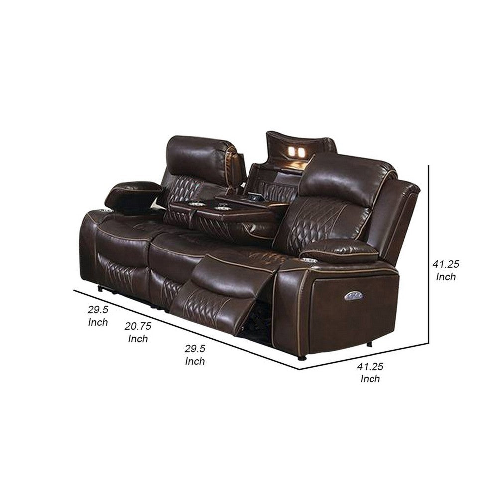 Seda 80 Inch Power Reclining Sofa, USB Port, Dark Brown Vegan Faux Leather - BM300316