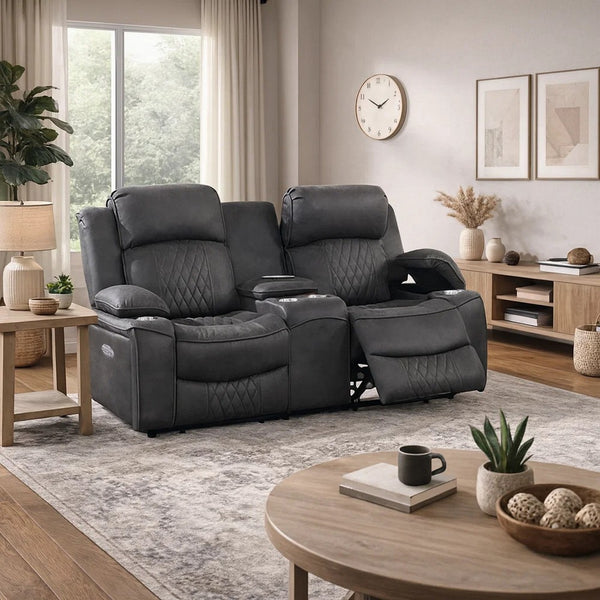 Seda 71 Inch Power Reclining Loveseat, Storage Console, Gray Faux Leather - BM300317