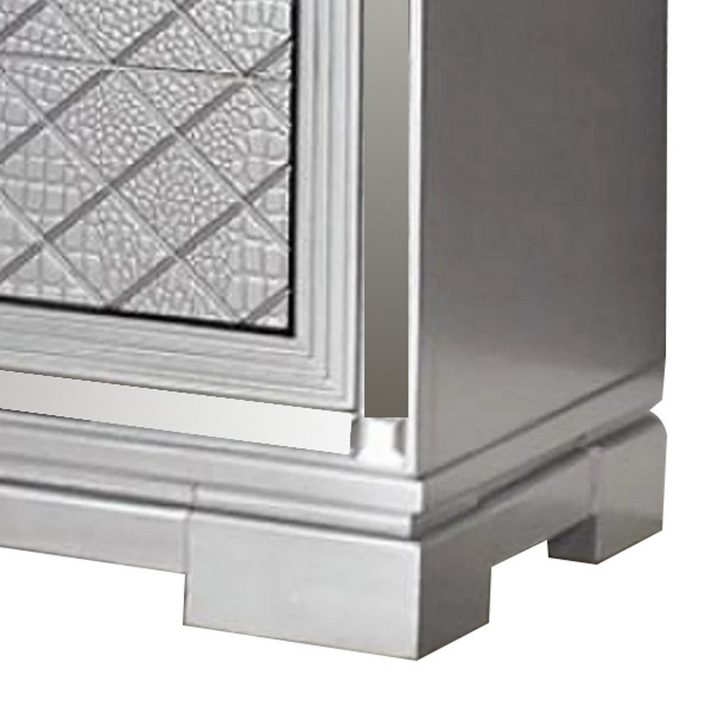 Blex 29 Inch Nightstand with 3 Drawers, Crossed Design, Silver Finish - BM300501