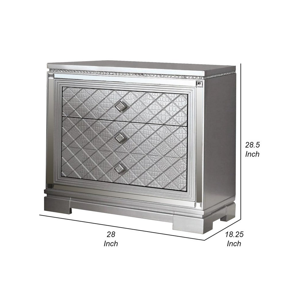 Blex 29 Inch Nightstand with 3 Drawers, Crossed Design, Silver Finish - BM300501