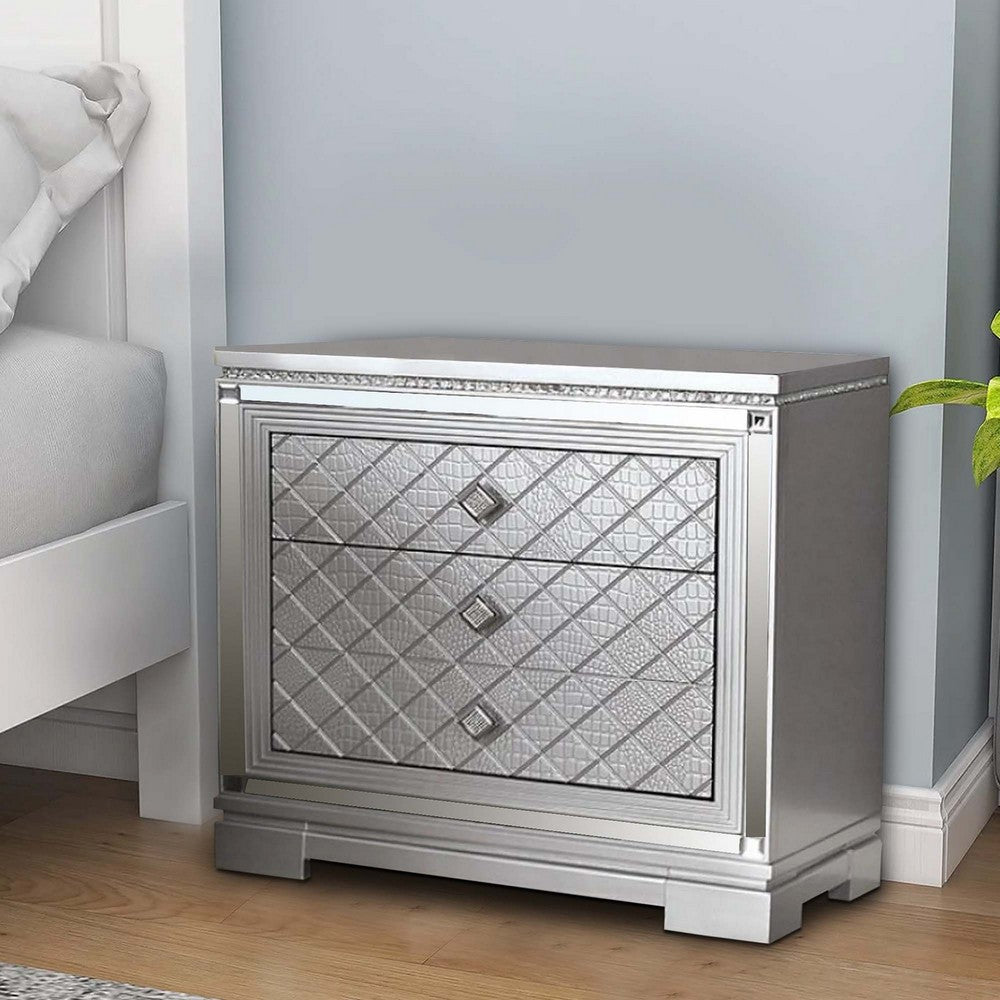 Blex 29 Inch Nightstand with 3 Drawers, Crossed Design, Silver Finish - BM300501