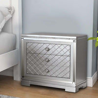 Blex 29 Inch Nightstand with 3 Drawers, Crossed Design, Silver Finish - BM300501