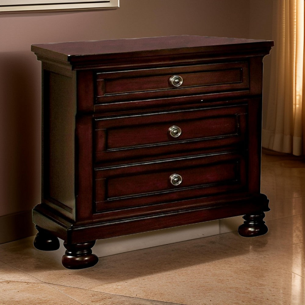 Uok 29 Inch Nightstand, Metal Handles, USB Charging Port, Dark Cherry Brown - BM300507