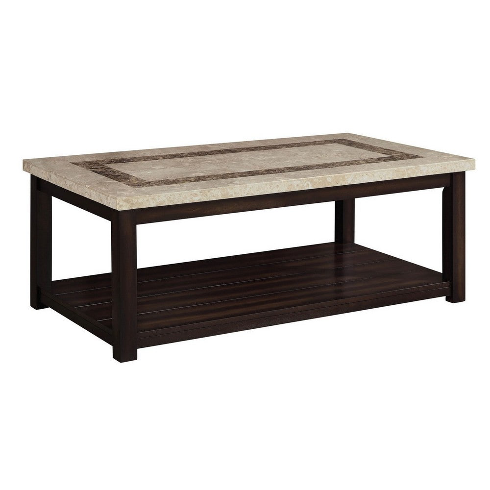 Cora 48 Inch Coffee Table, Faux Marble Top, Block Legs, Espresso Brown - BM300546