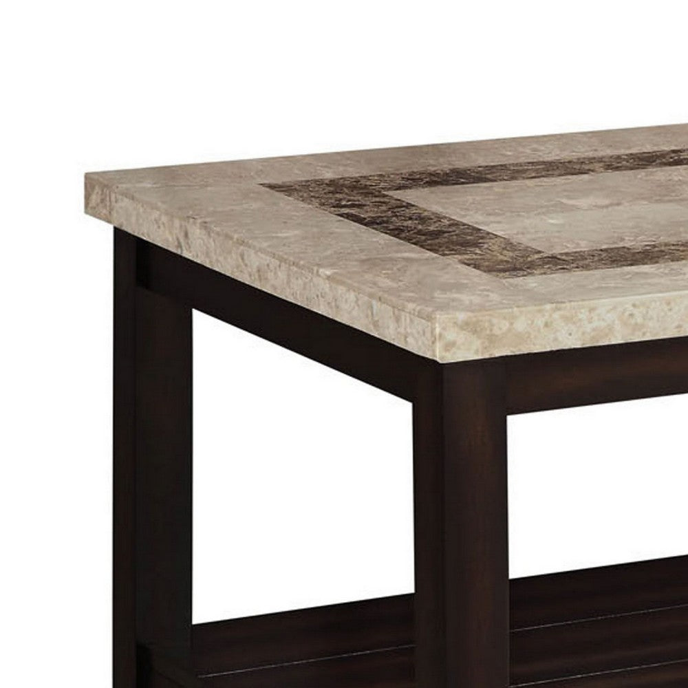 Cora 48 Inch Coffee Table, Faux Marble Top, Block Legs, Espresso Brown - BM300546