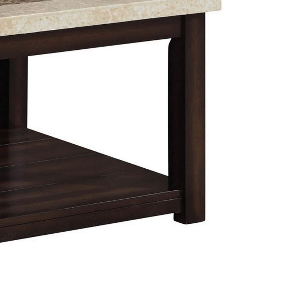 Cora 48 Inch Coffee Table, Faux Marble Top, Block Legs, Espresso Brown - BM300546