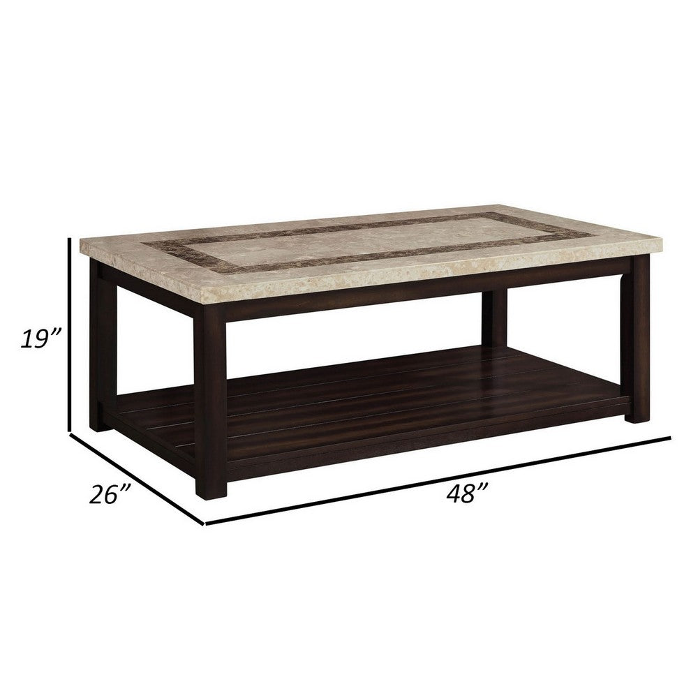 Cora 48 Inch Coffee Table, Faux Marble Top, Block Legs, Espresso Brown - BM300546