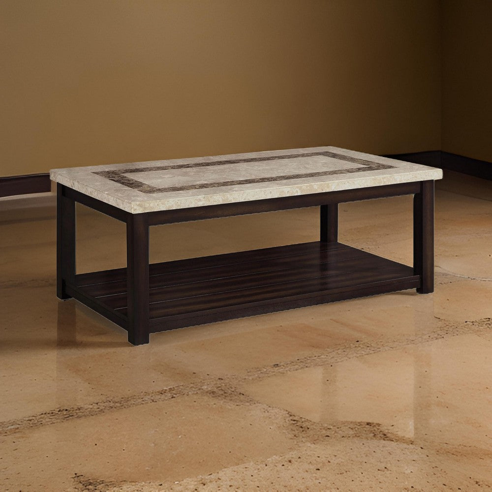 Cora 48 Inch Coffee Table, Faux Marble Top, Block Legs, Espresso Brown - BM300546
