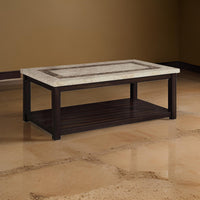 Cora 48 Inch Coffee Table, Faux Marble Top, Block Legs, Espresso Brown - BM300546