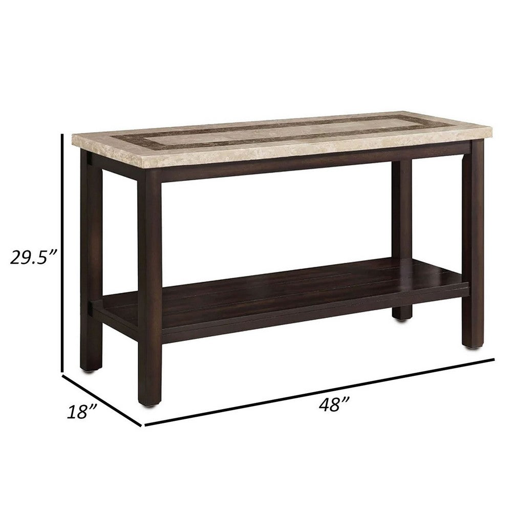 Cora 48 Inch Console Sofa Table, Faux Marble, Block Legs, Espresso Brown - BM300548