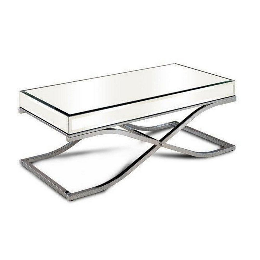 Gavin 48 Inch Coffee Table, Mirrored Panels, Curved Crossed Frame, Chrome - BM300549