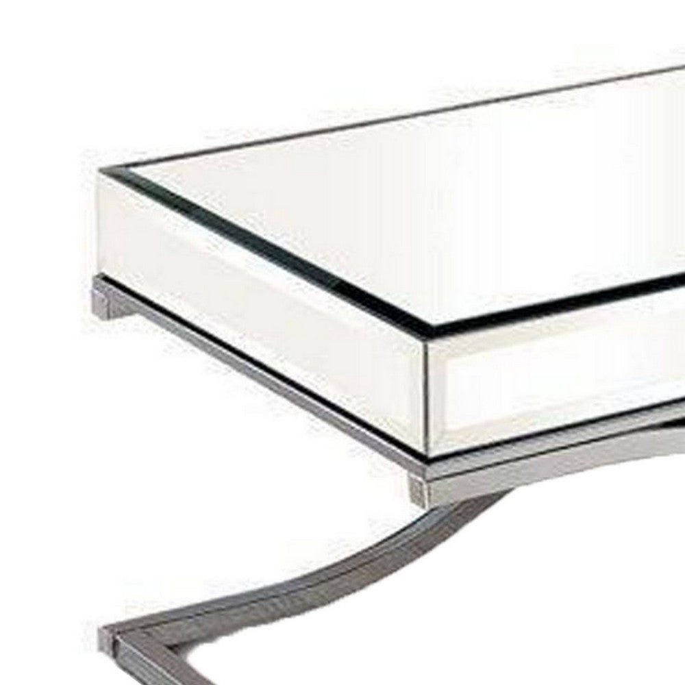 Gavin 48 Inch Coffee Table, Mirrored Panels, Curved Crossed Frame, Chrome - BM300549