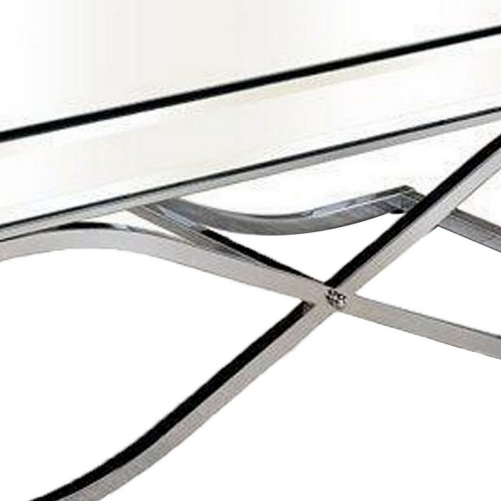 Gavin 48 Inch Coffee Table, Mirrored Panels, Curved Crossed Frame, Chrome - BM300549