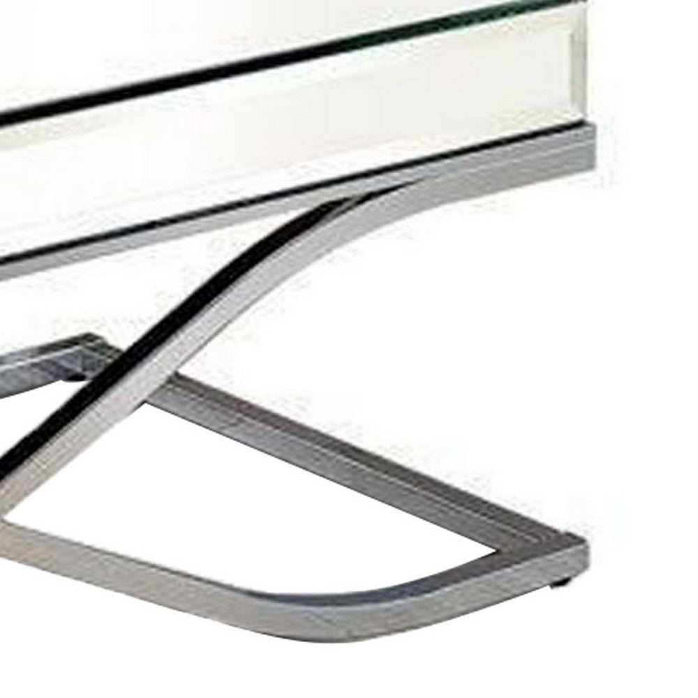 Gavin 48 Inch Coffee Table, Mirrored Panels, Curved Crossed Frame, Chrome - BM300549